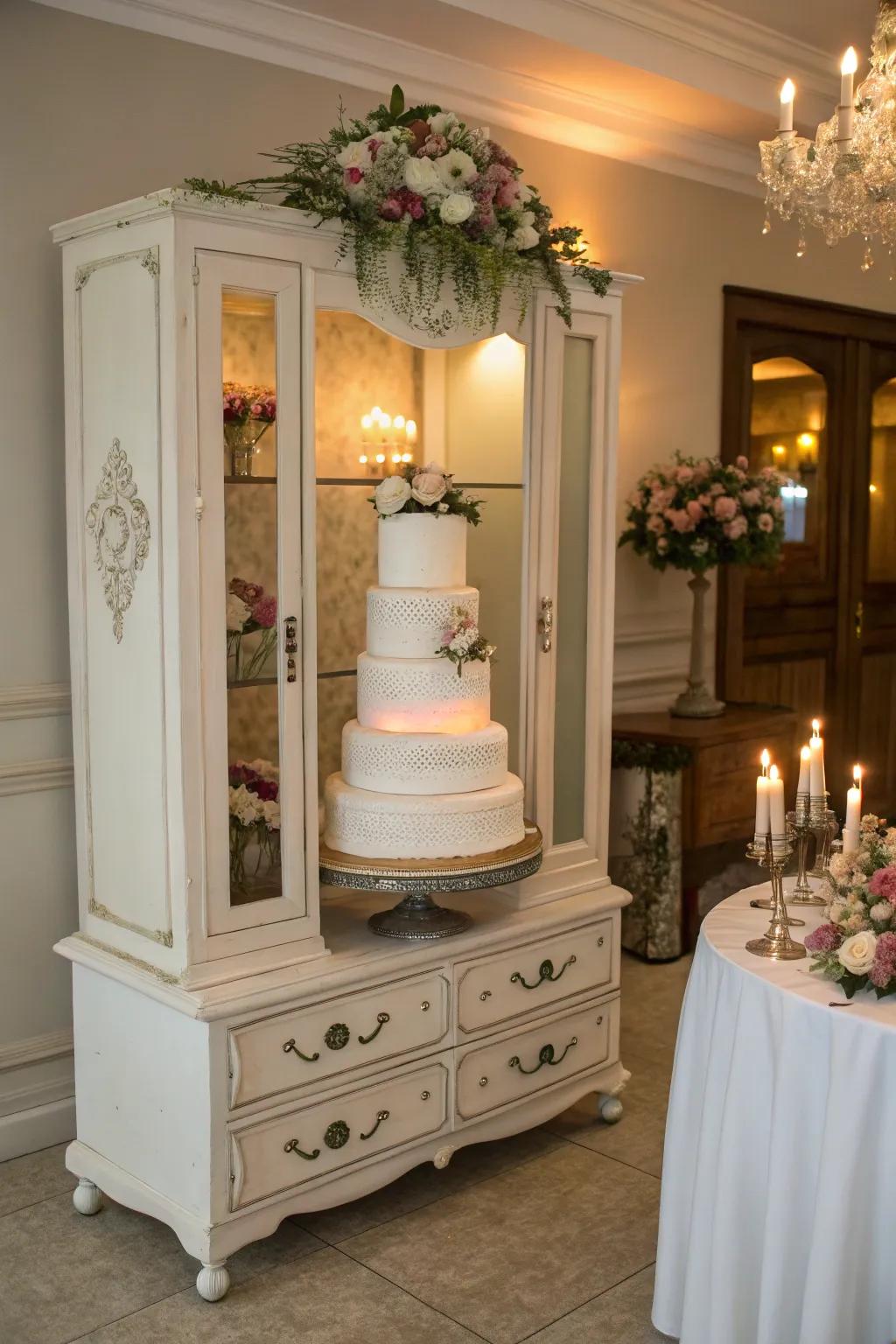 A vintage wardrobe providing a unique base for the wedding cake.