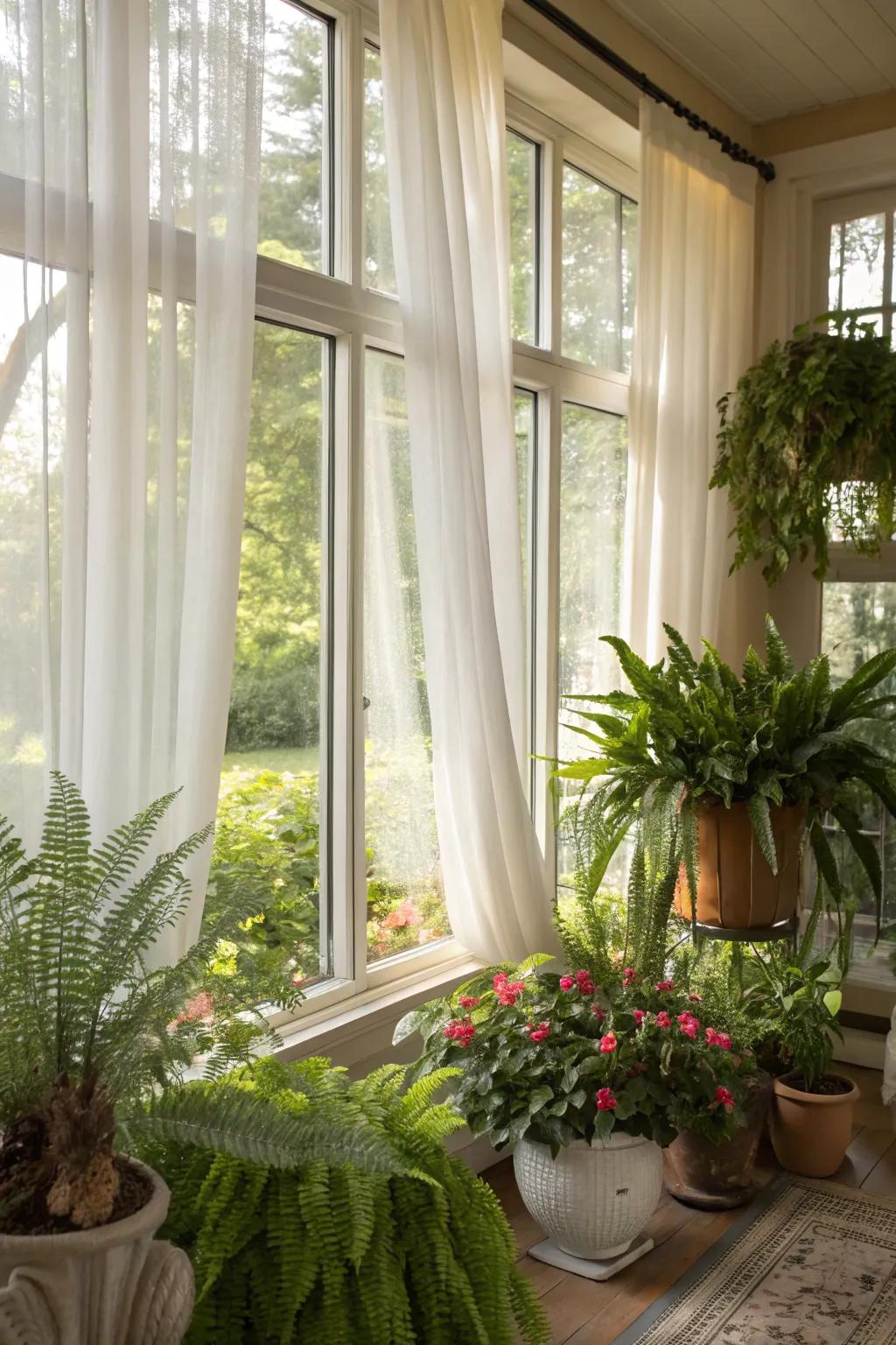 Plants complement see-through curtains in this refreshing sun-lit area.