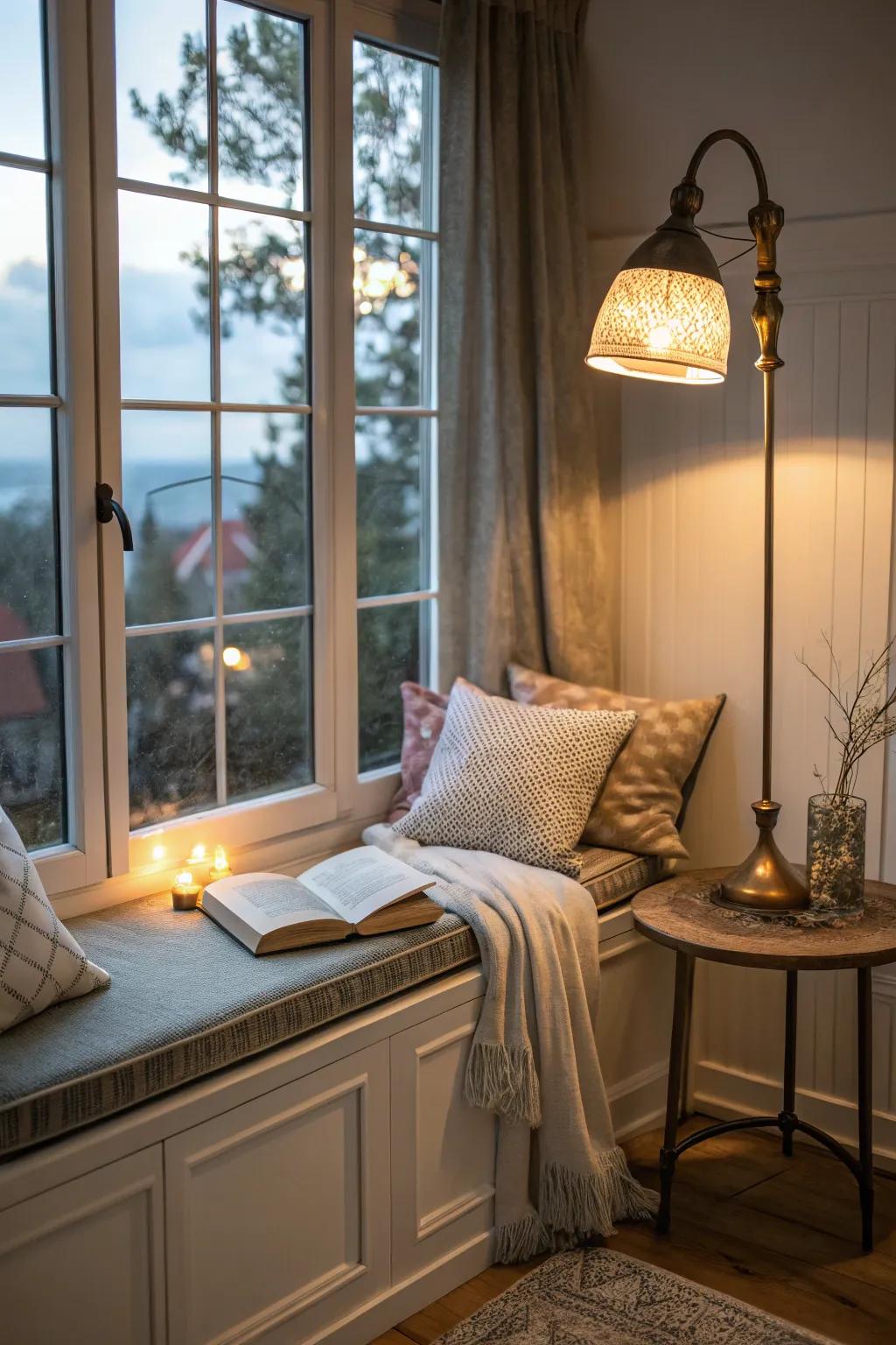 A window nook with a reading lamp to illuminate the space.