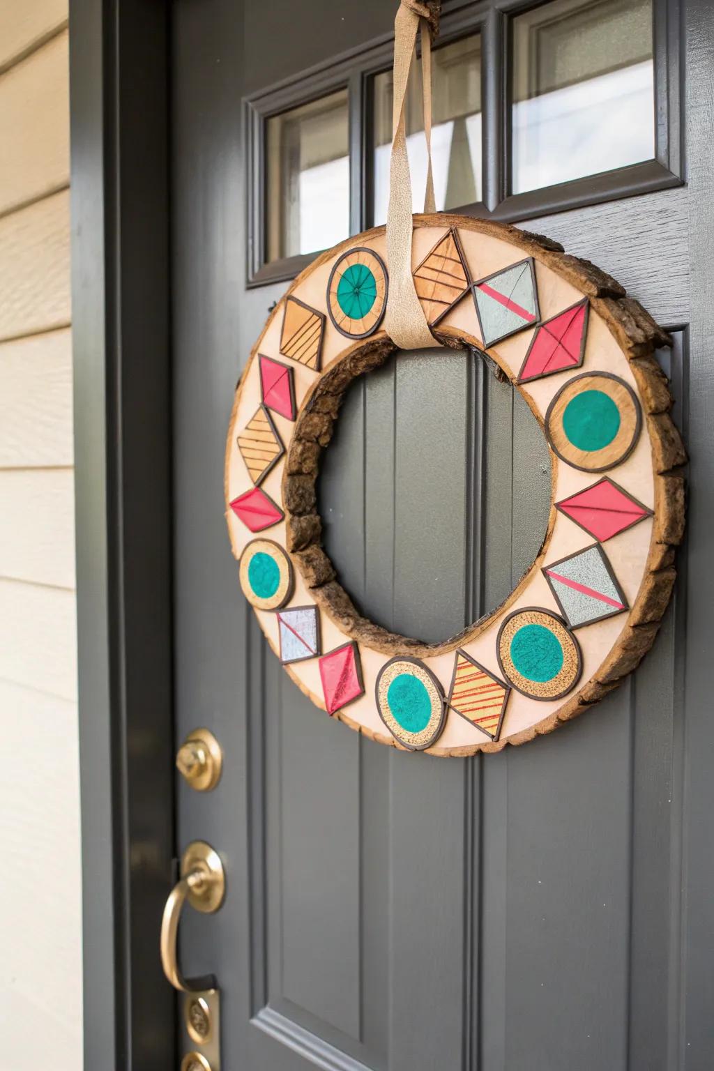 Modern geometric wood slice wreath for sleek style.