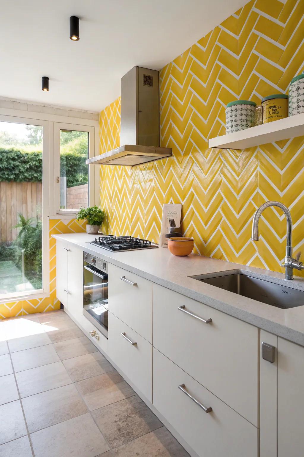 Chevron patterns in yellow tiles create dynamic energy.