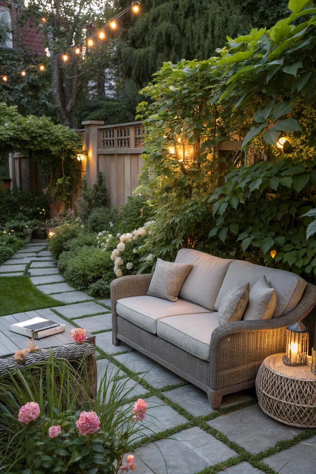 A zen corner provides a peaceful escape at a garden party.