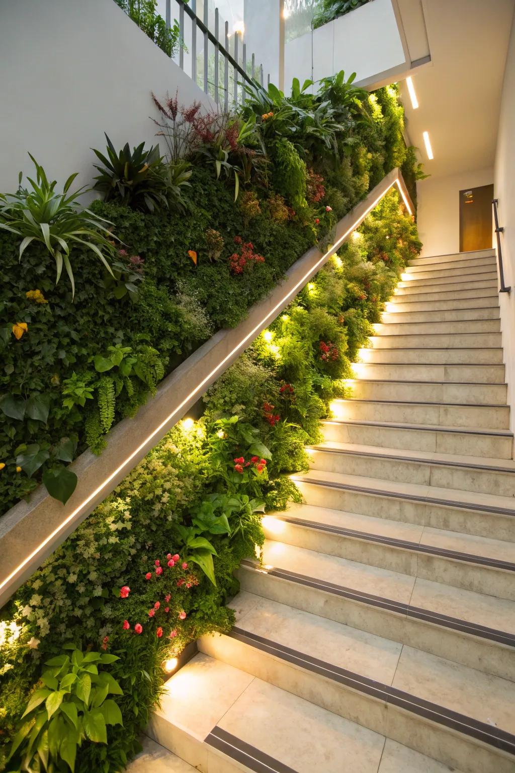 A staircase transformed into a vertical garden with dedicated plant lighting.