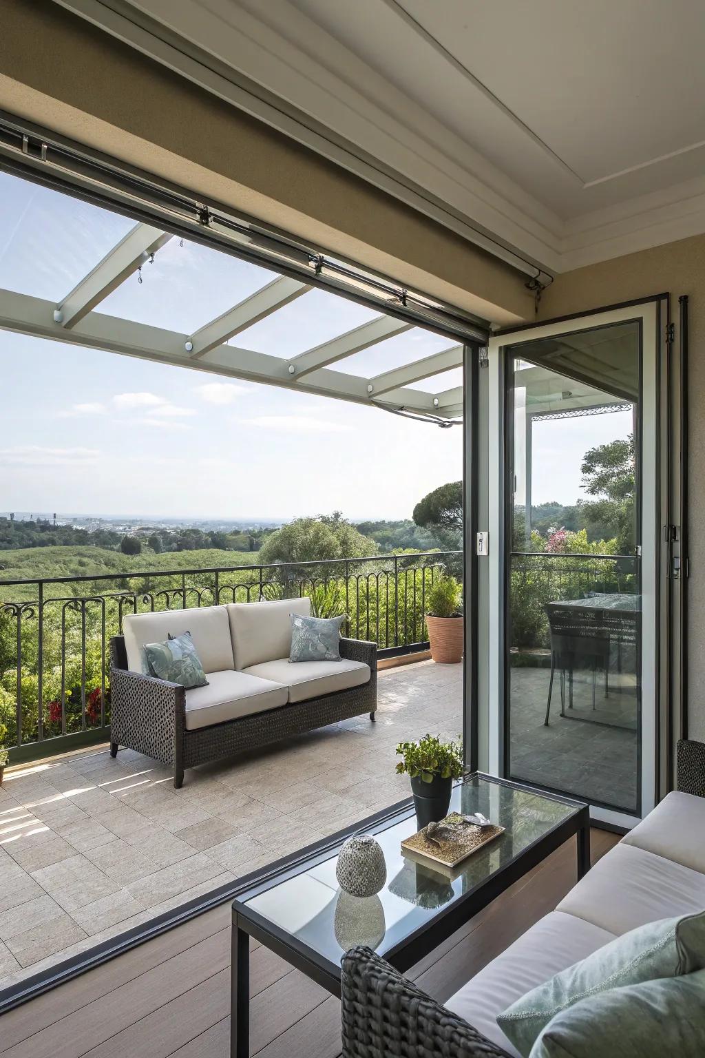 Gliding glass sections offer flexibility and unobstructed views.