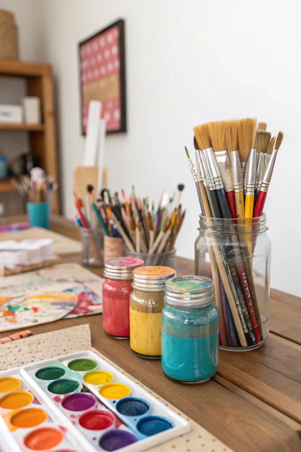 Artistic paint receptacles crafted from preserving jars keep implements systematized.