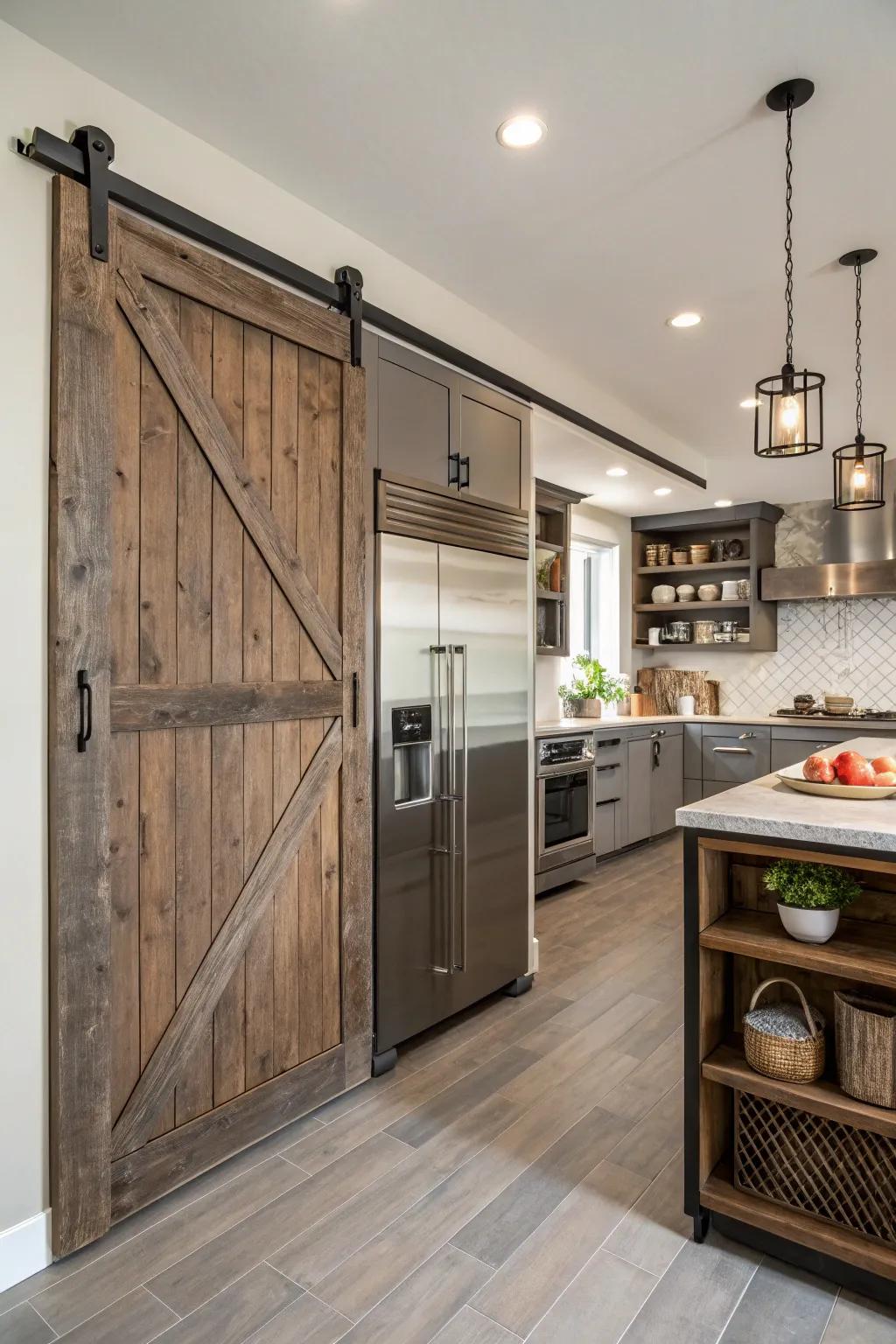 A kitchen with a sliding barn door pantry made from recycled materials.