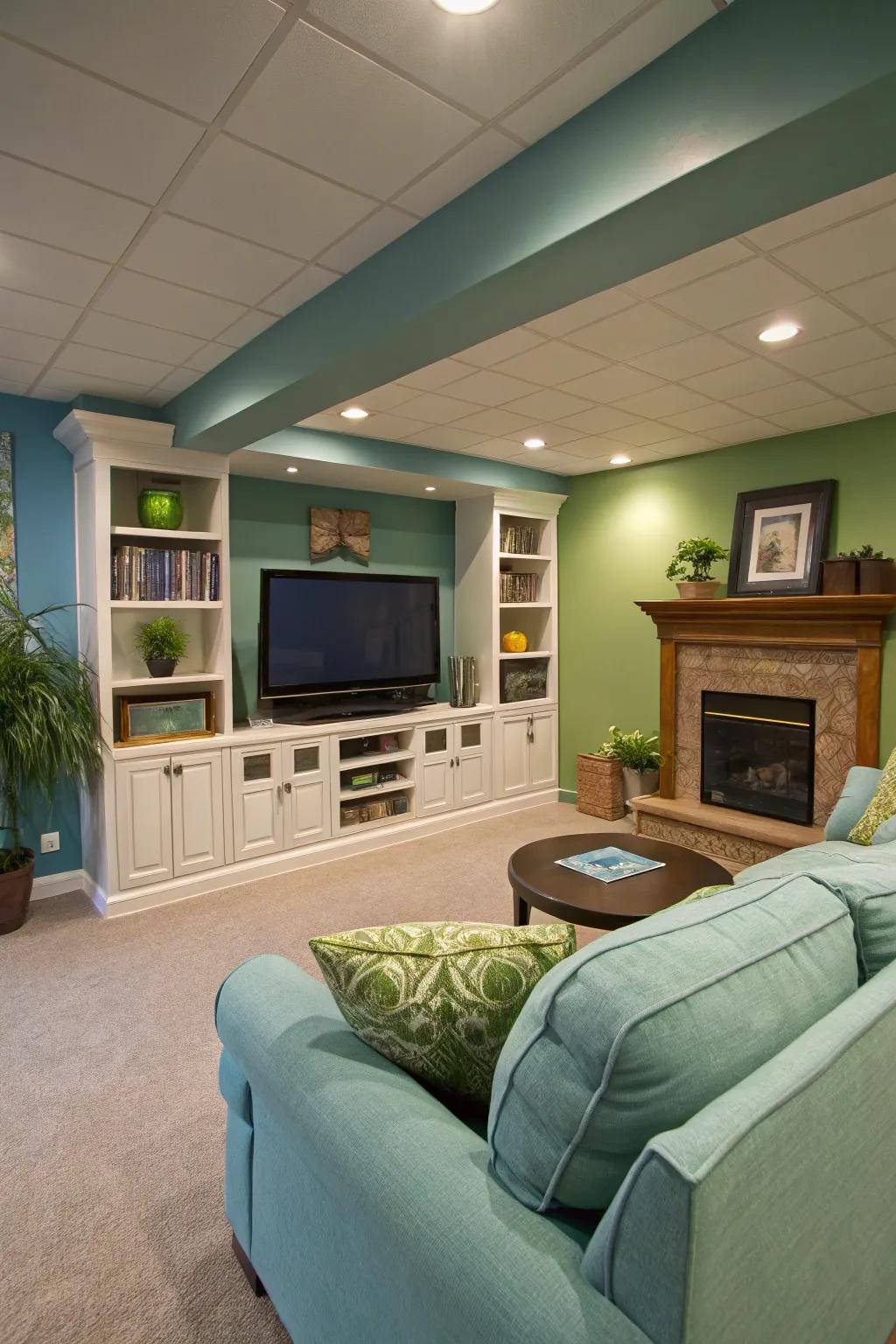 A basement TV room featuring a soothing blue and green color scheme for a relaxing atmosphere.