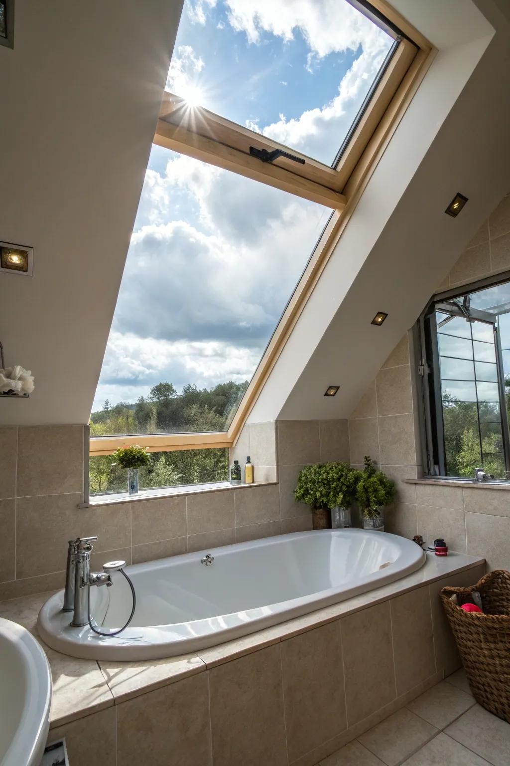 A skylight adds natural light and luxury to this bathroom.