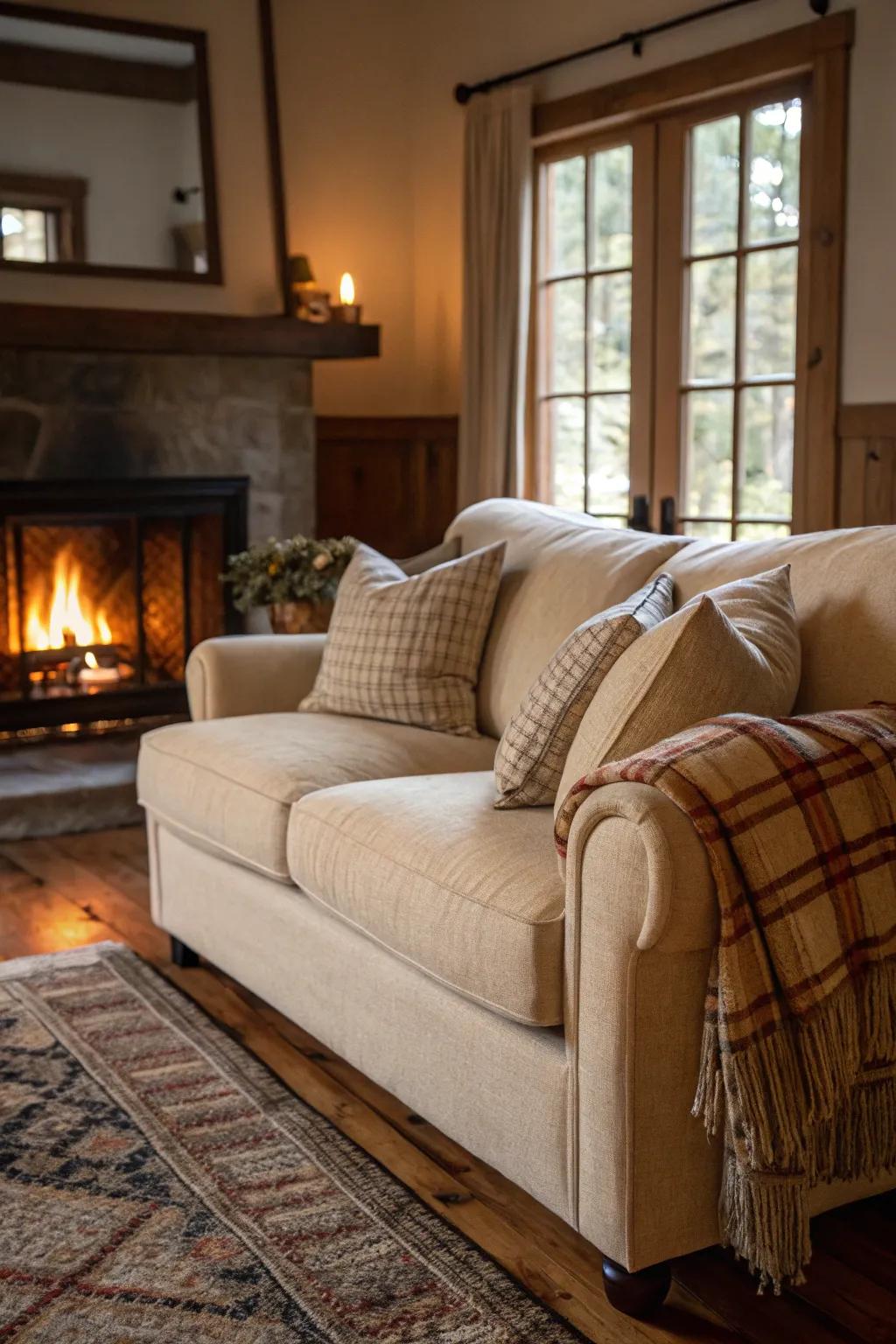 A cozy living room with a beige couch and a warm fireplace.