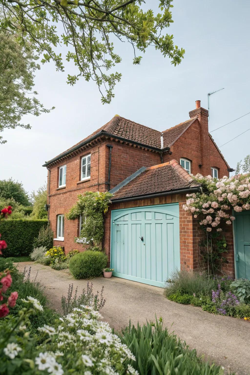 Pastel blue garage doors bring a lighthearted charm to red brick exteriors.