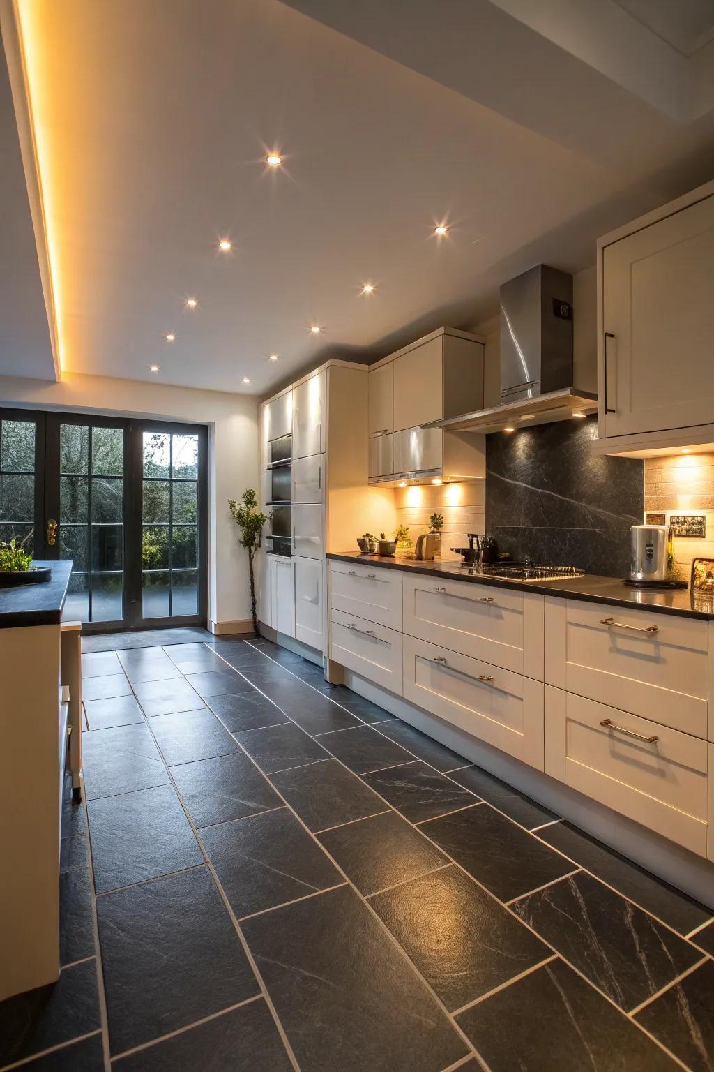 An elegant kitchen featuring matte black floor tiles for a soft look.