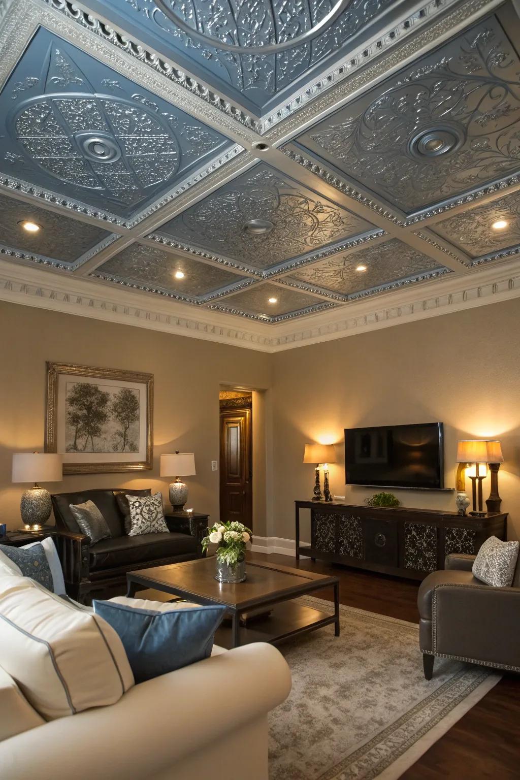 Unique blue and silver ceiling details enhance the height and sophistication of this living room.