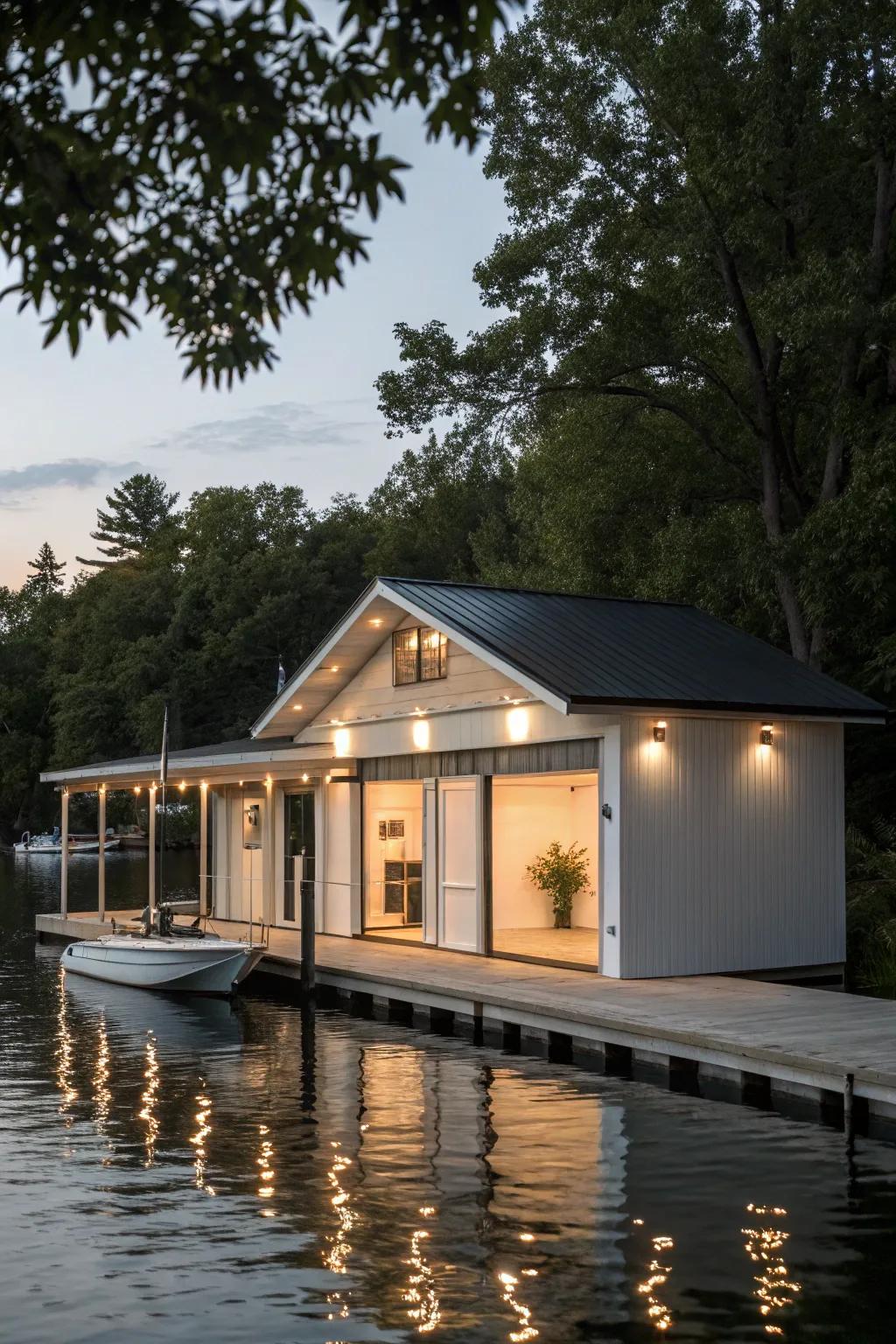 Modern minimalist fixtures offer a clean and contemporary look to the boat house.