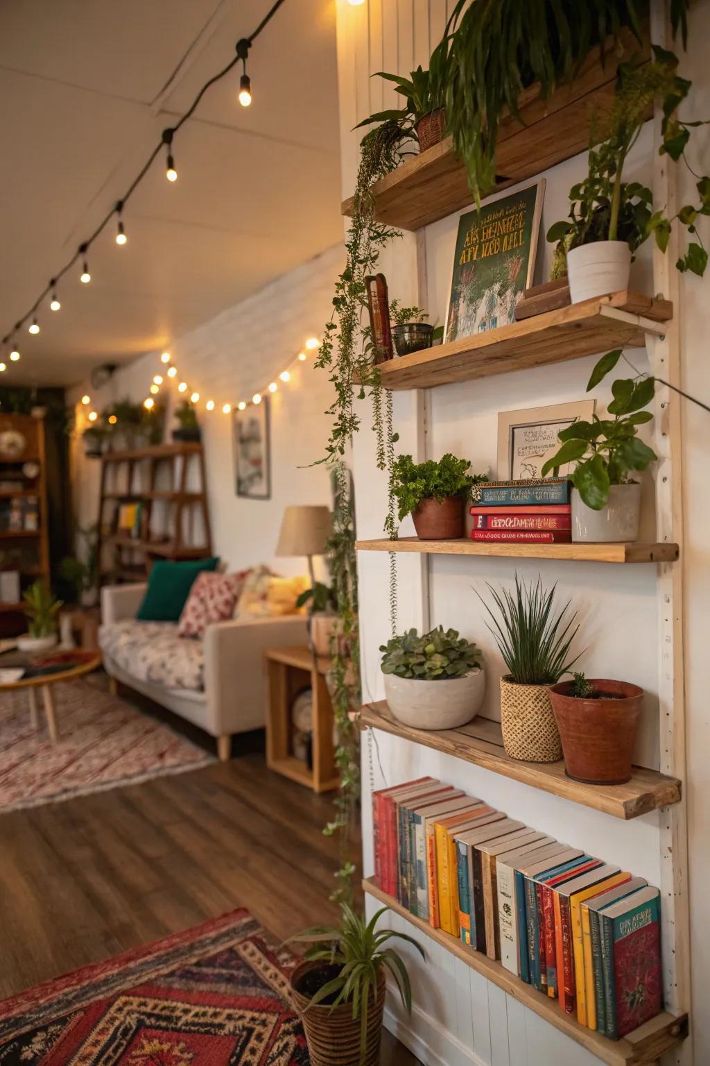 Artful shelving creatively showcases plants and decor.