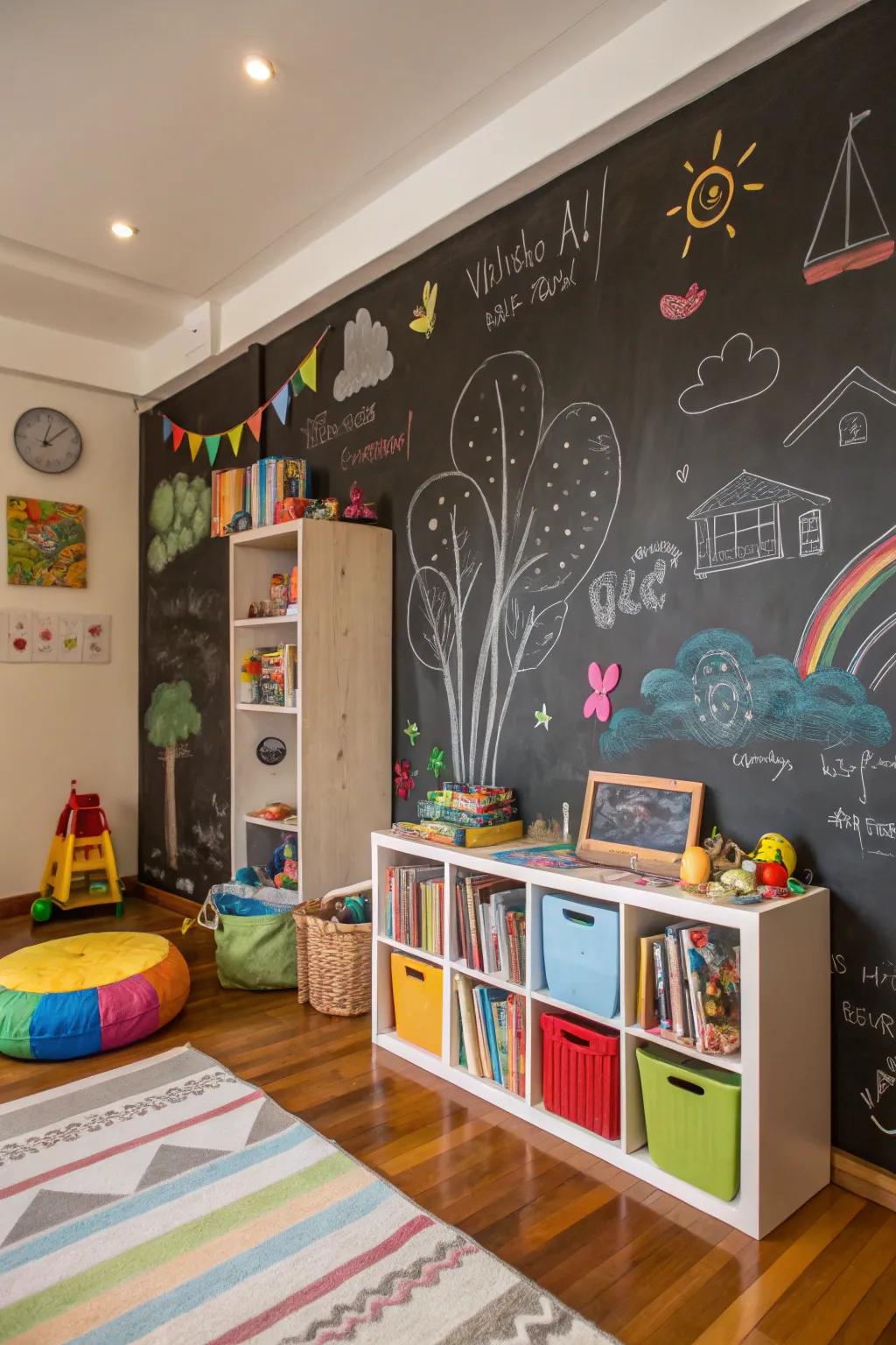 A chalkboard wall offers an interactive and ever-changing creative outlet.