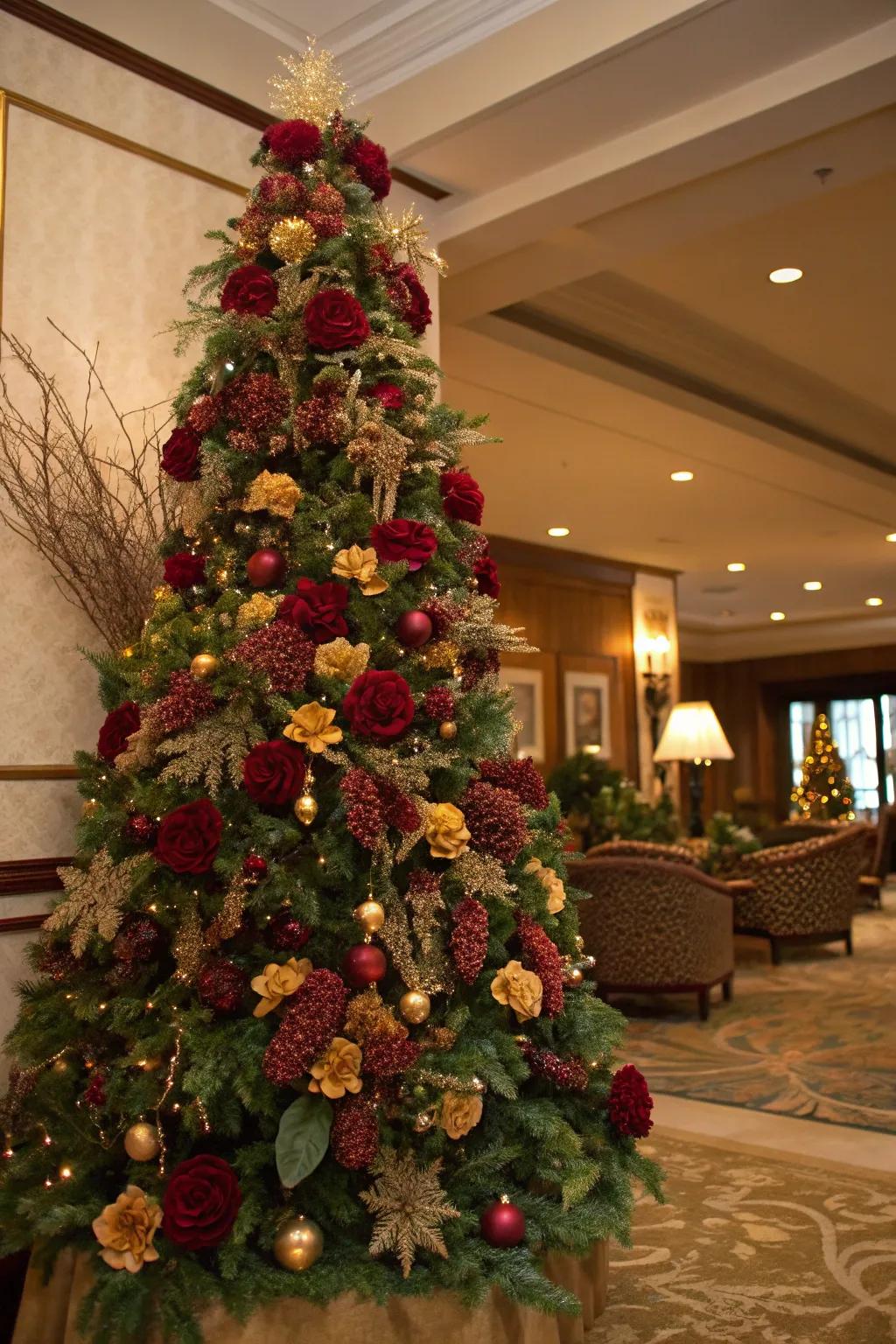 Floral settings layer bulk and texture to the tree.