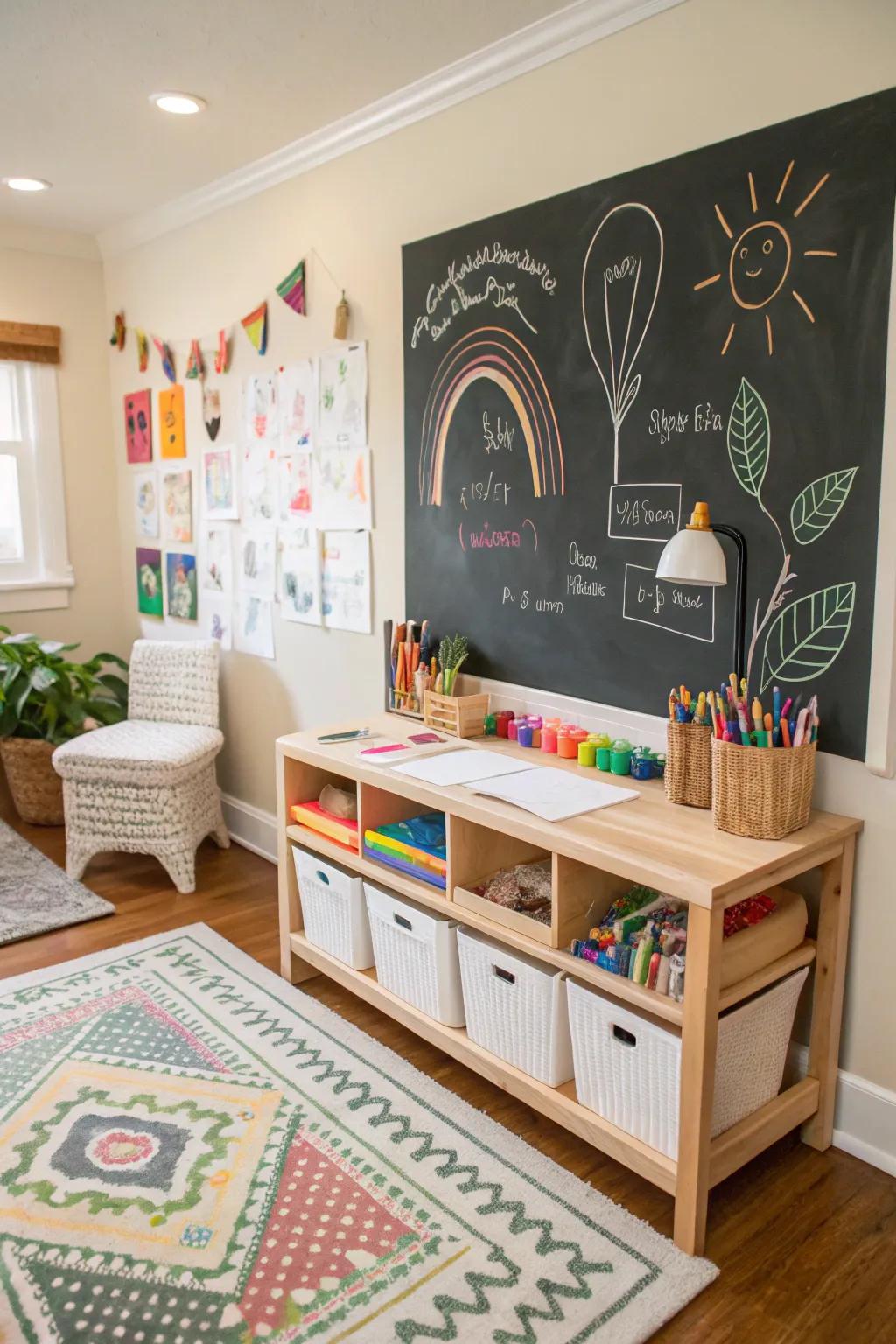 A craft station with a chalkboard wall inspires creativity.