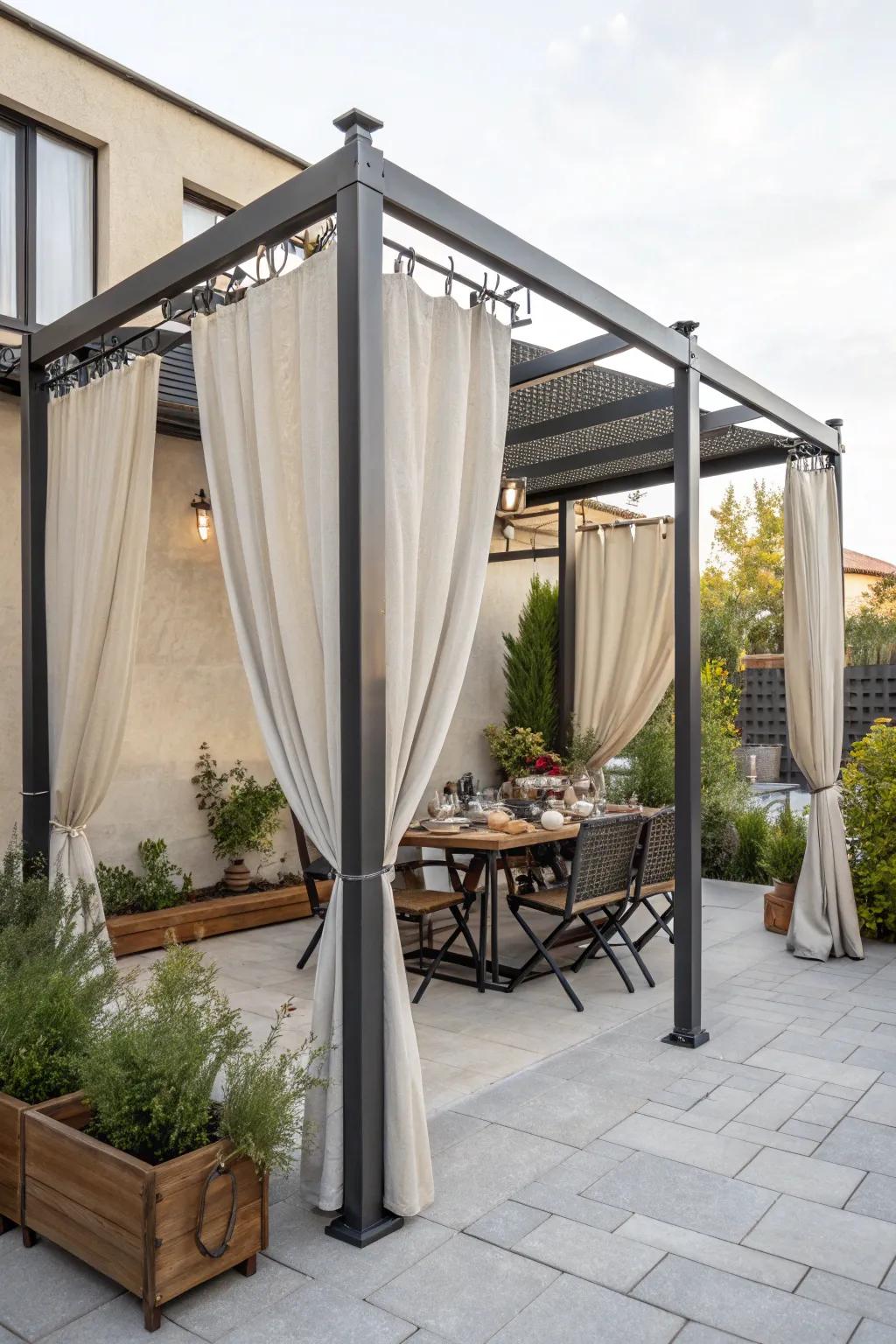 Metal and fabric create a chic and elegant patio cover.