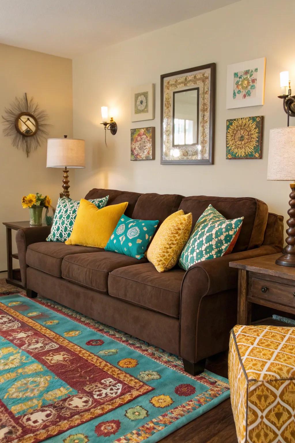 Surprising pops of color add energy and vibrancy to a chocolate couch setting.