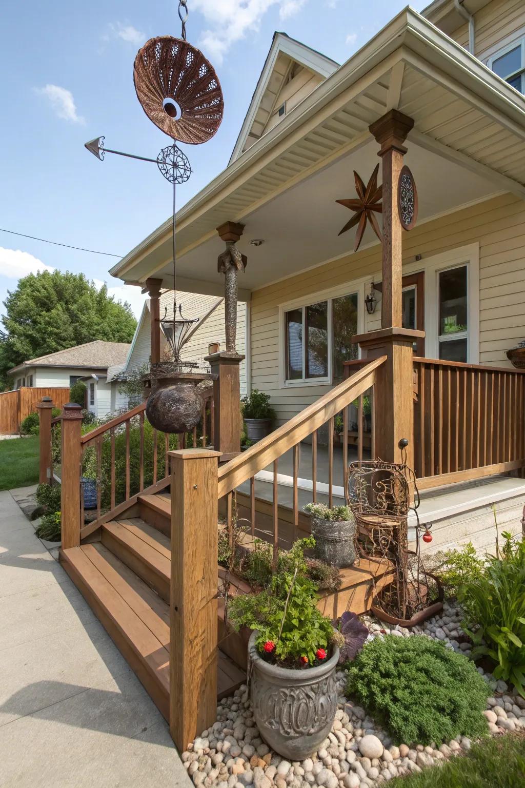 The porch is made more unique and lively by the addition of outdoor art.