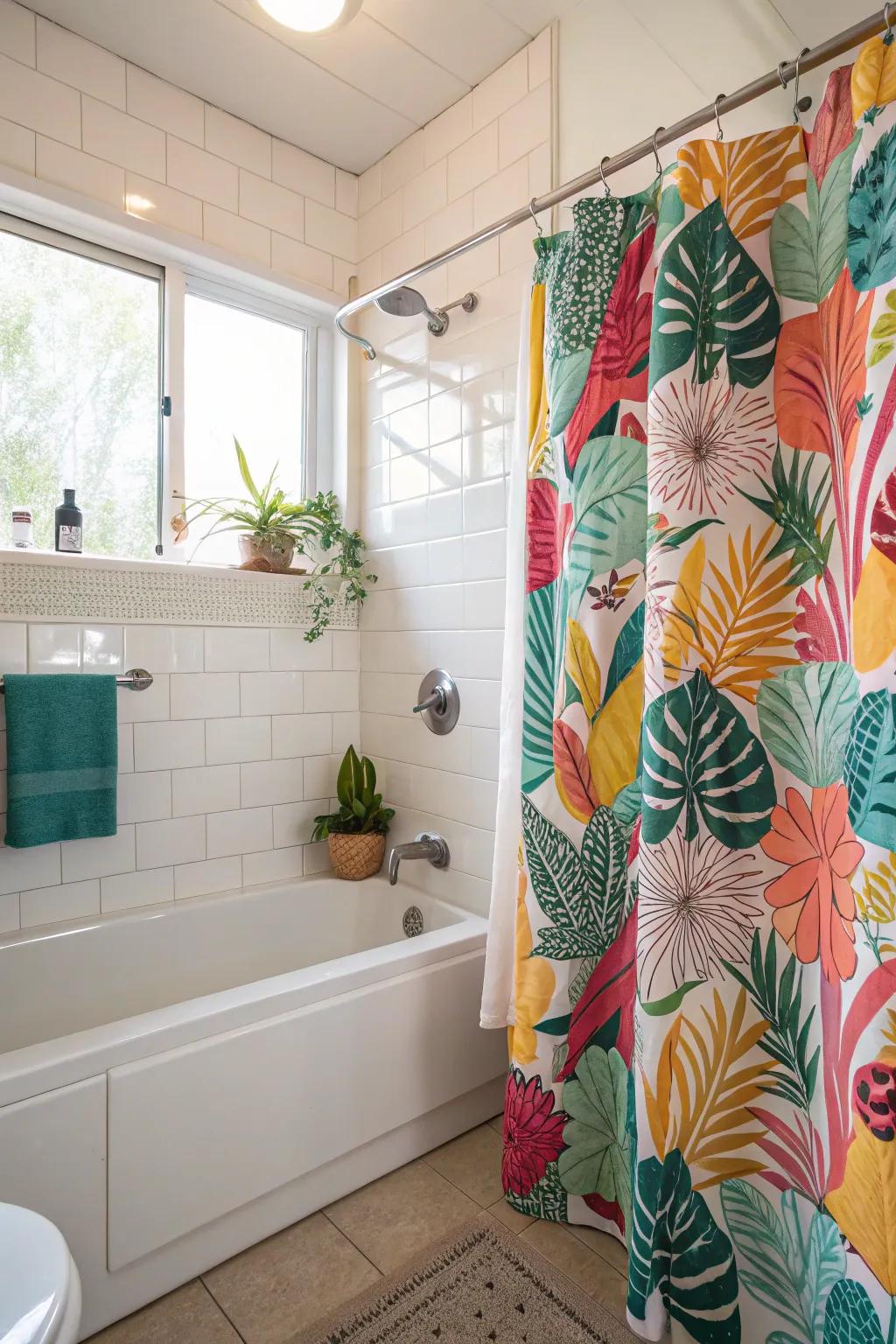 A bathroom featuring a bold, patterned shower curtain.