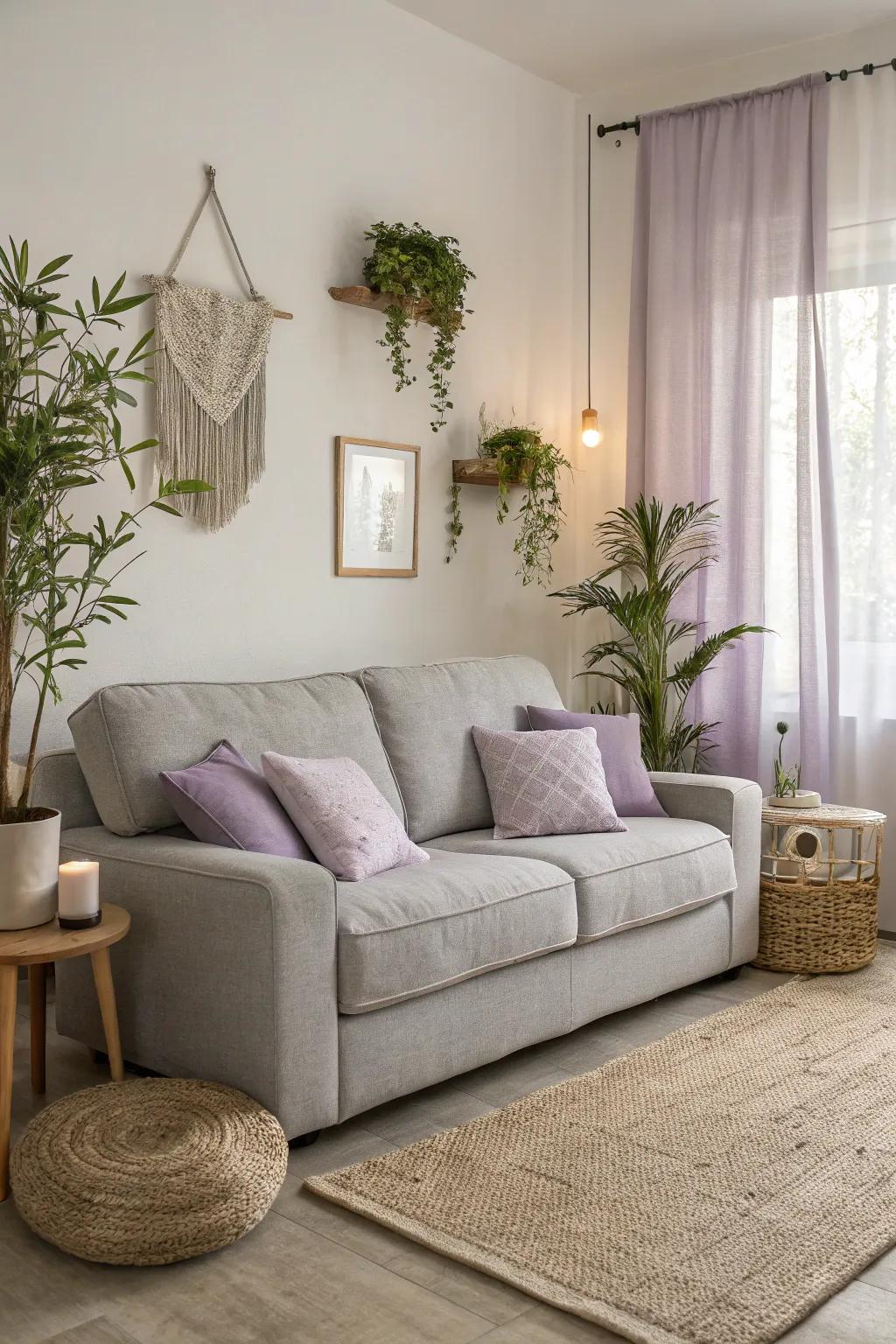 Lavender cushions create a tranquil oasis on a grey sofa.