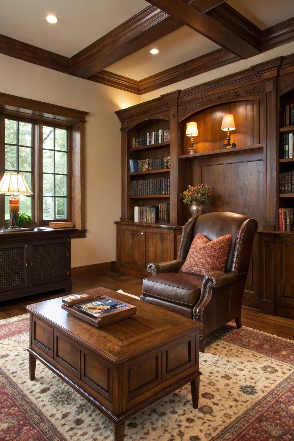 A den with timeless, traditional design elements.