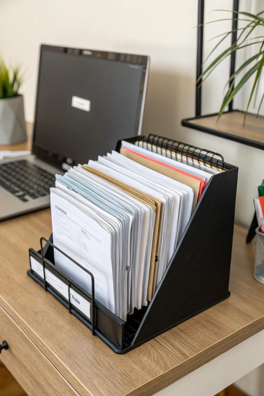 Vertical file holders for efficient document management.