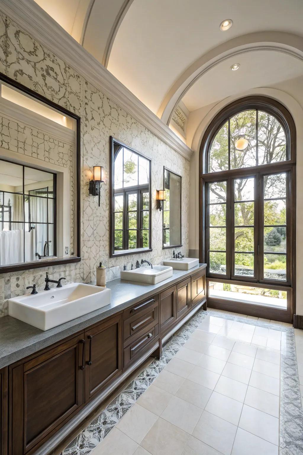 Architectural features enhance the bathroom's natural beauty.