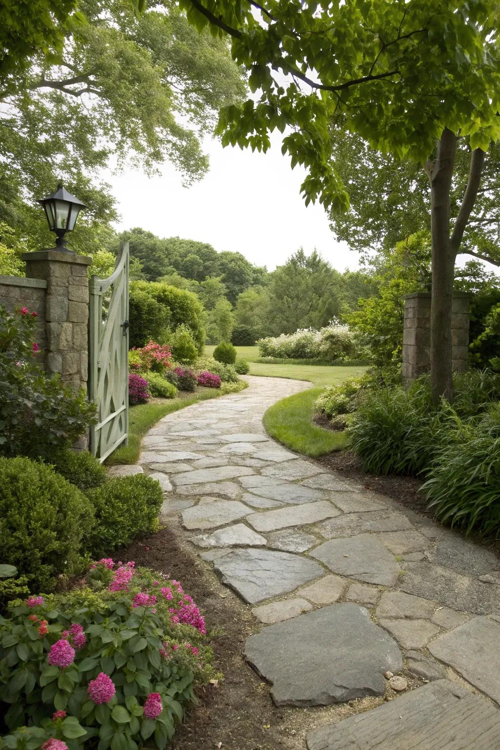 A natural stone path adds rustic charm and blends with the landscape.