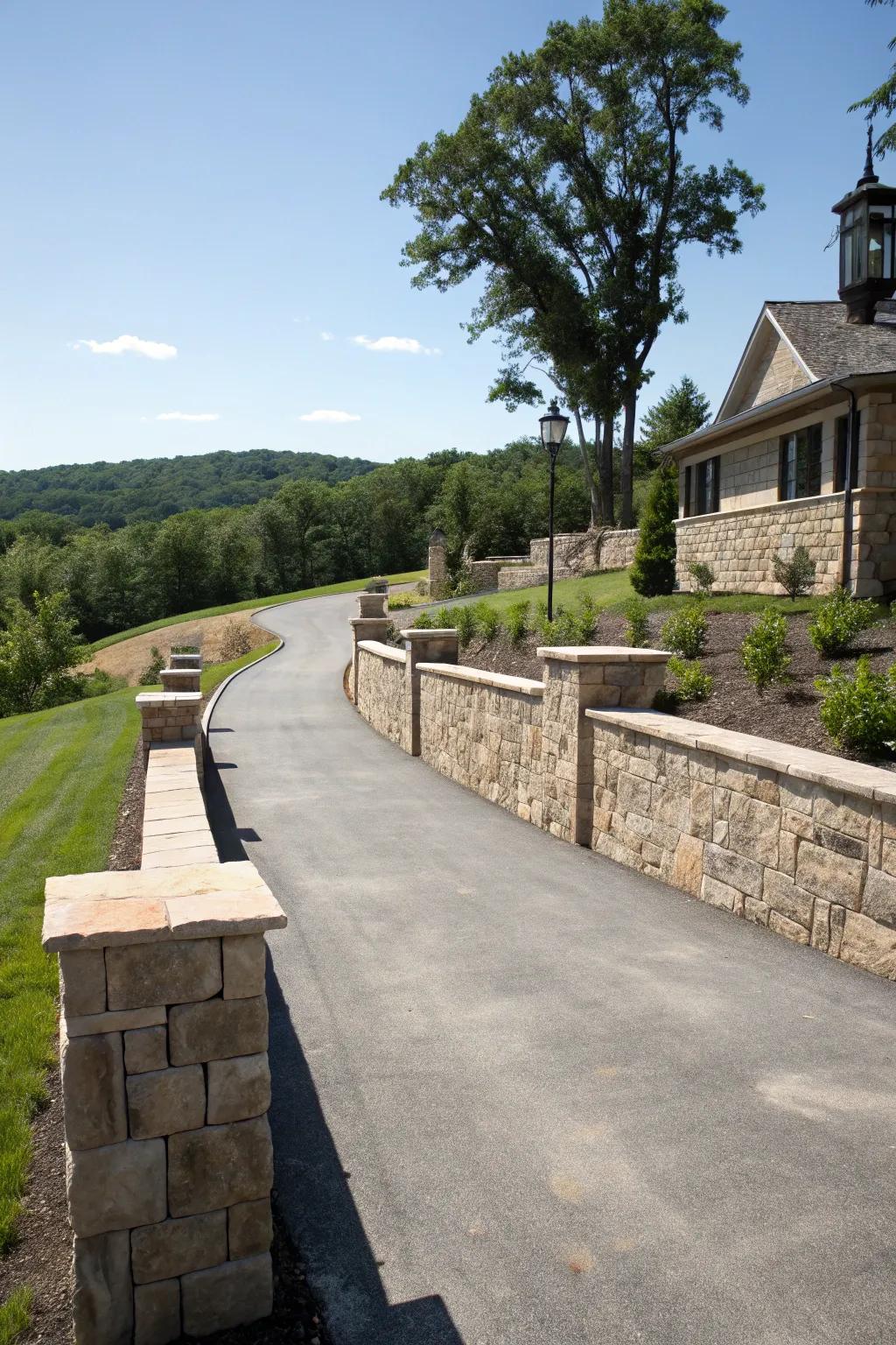 Stone holding walls add dimension and class to sloped driveways.