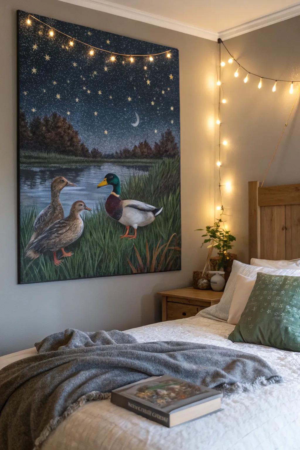 Ducks in the night sky create a magical, dreamy atmosphere.