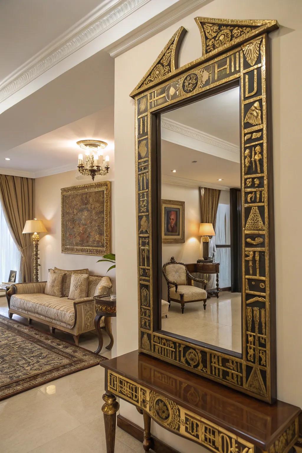 Mirrors with Egyptian themes add luxury and expand spaces.