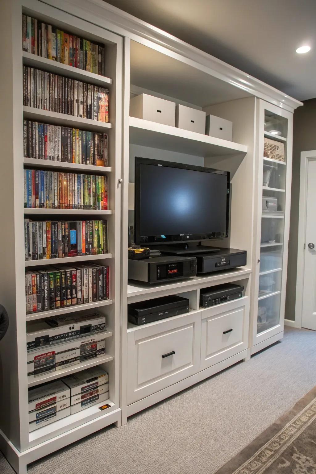 An entertainment center with both open and closed storage options.