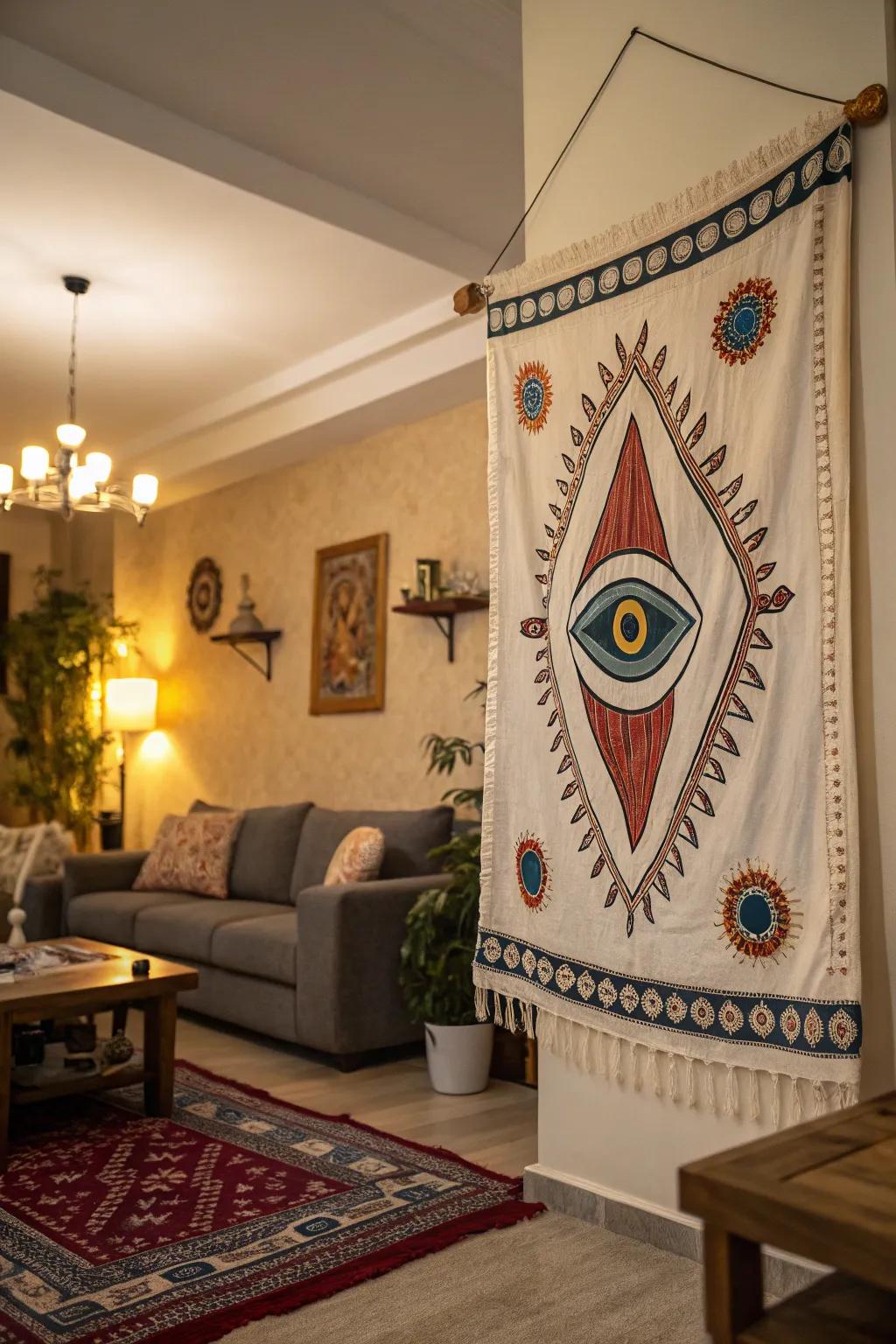 A custom eye theme hanging introducing depth and meaning to the decor.