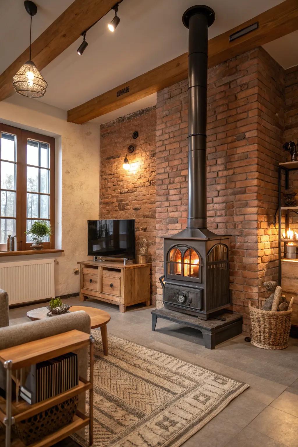 A bold, industrial-style living room featuring a central fireplace with steel and exposed brick.