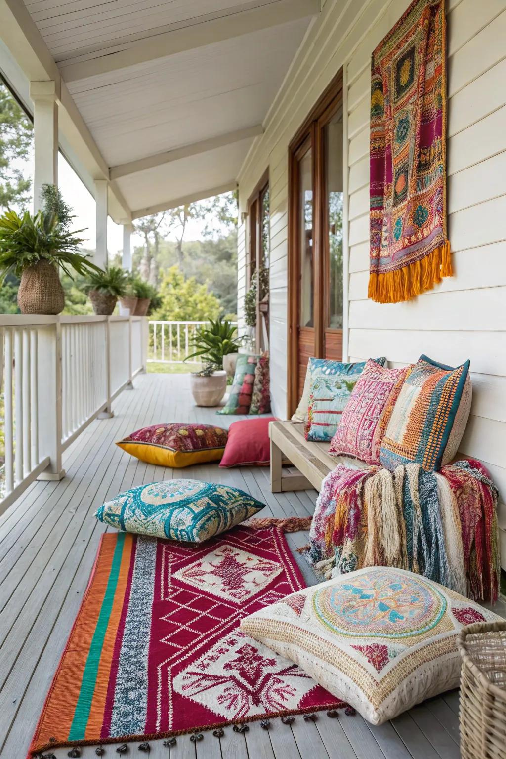 A variety of colorful textiles and cushions on a front porch.