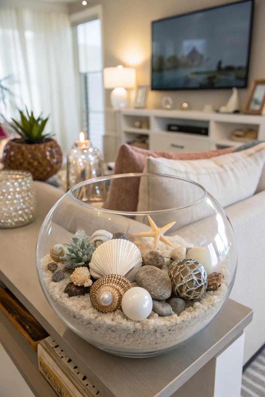 Eclectic sophistication is achieved by merging a variety of orbs inside a clear bowl.