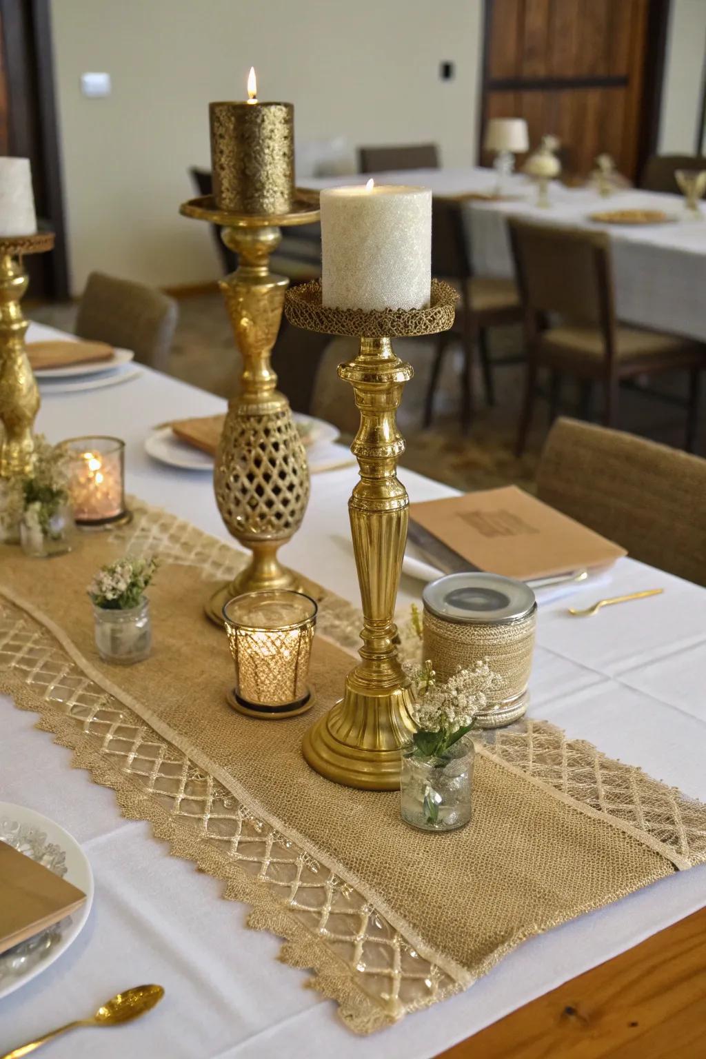 Rustic charm showcasing gilded and coarse fabric centerpiece.