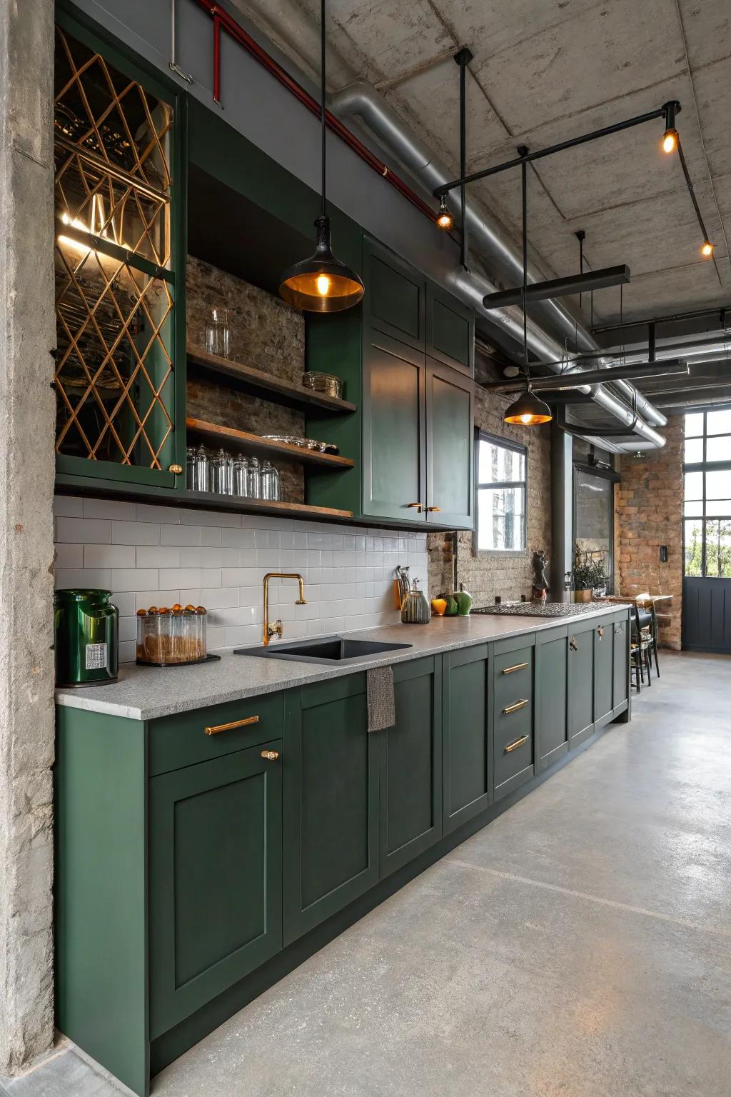 Industrial kitchen with dark green cabinets and edgy metal details.