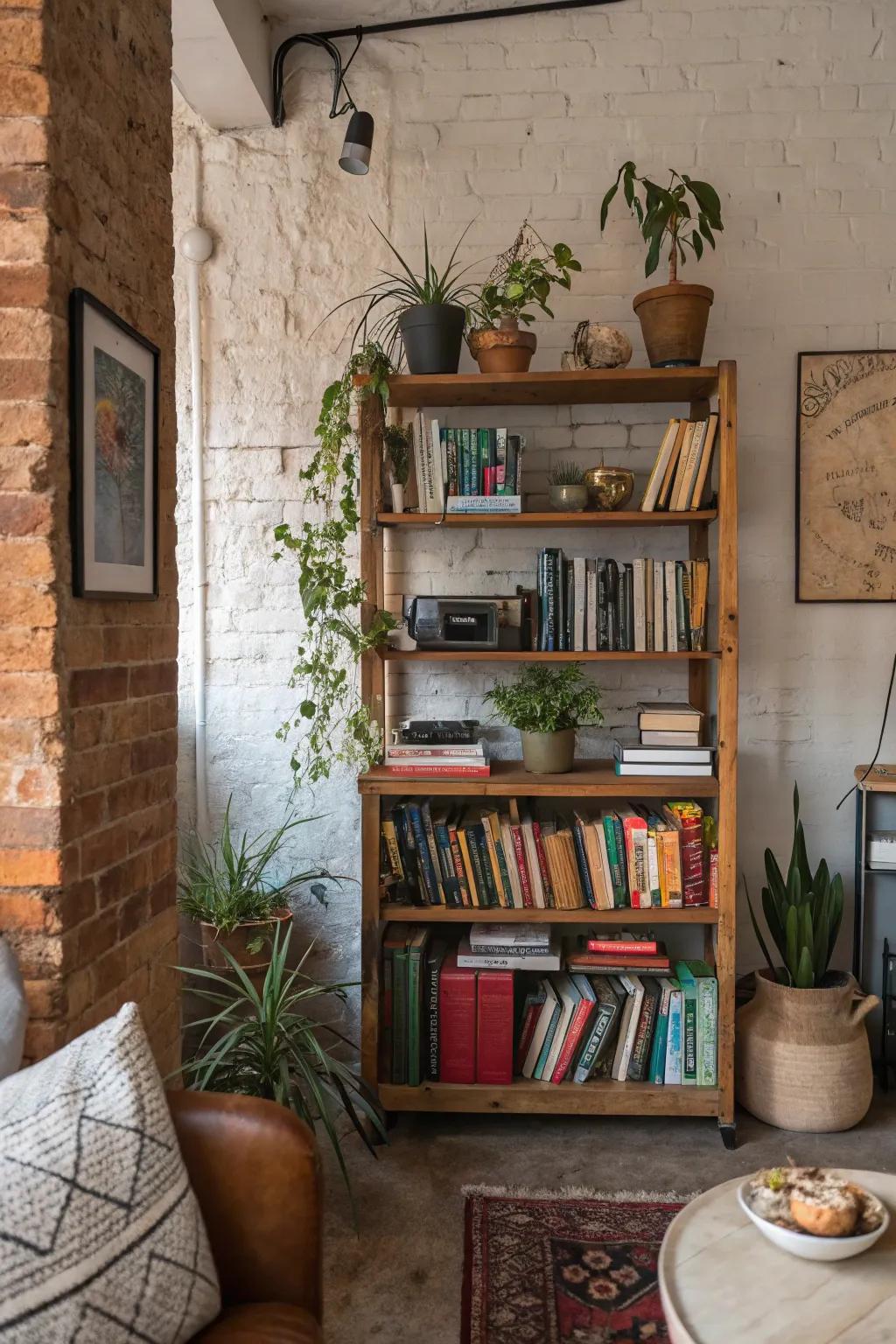 A personal bookshelf adds depth and personality to the decor.