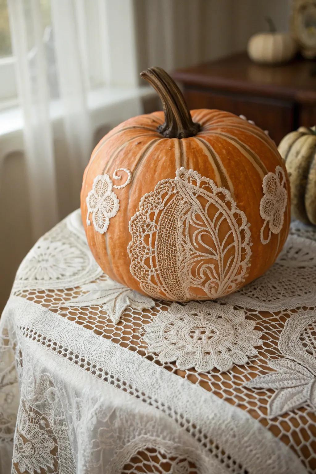 Lace patterns add a delicate elegance to pumpkin carvings.