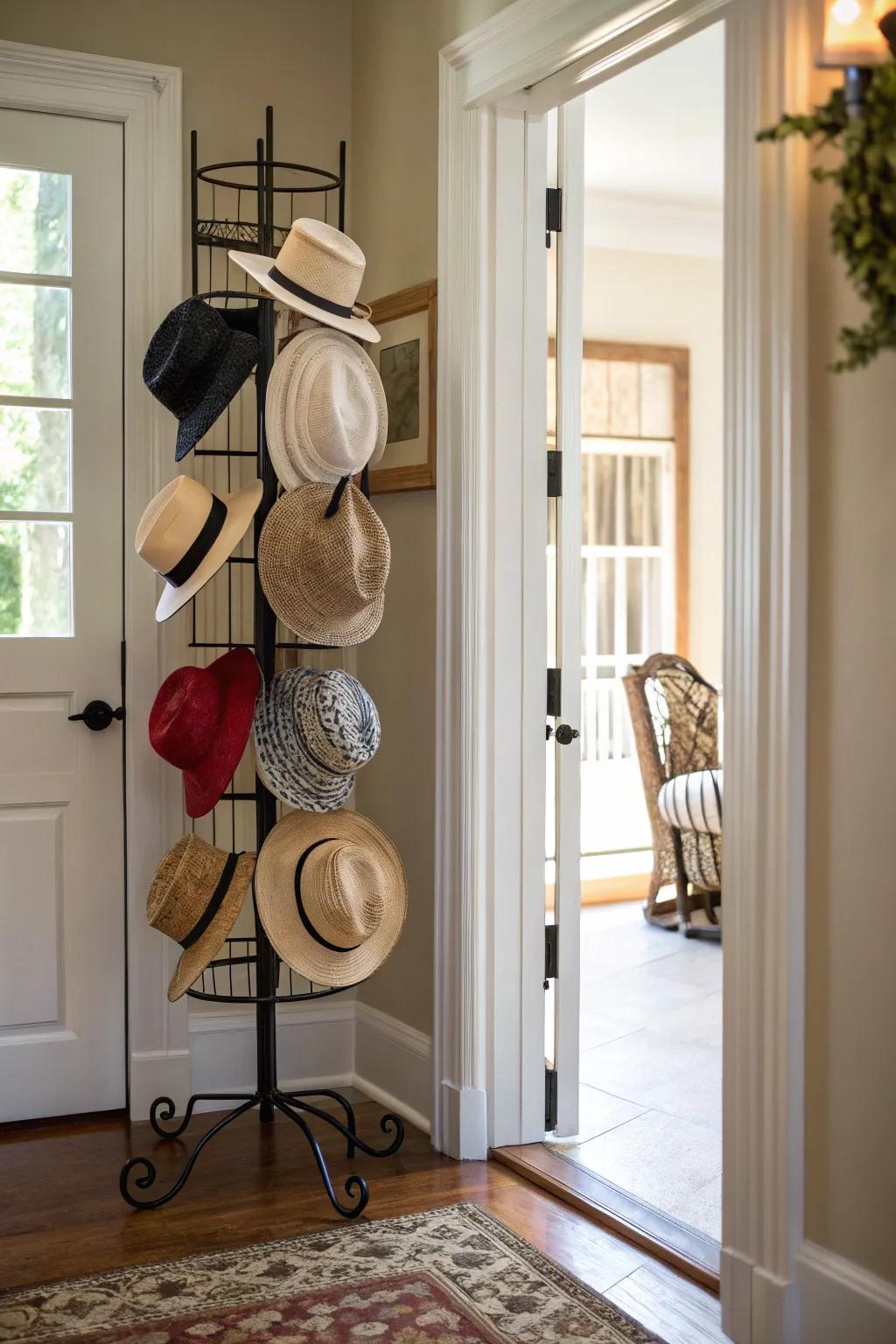 Hat stands provide easy access and elegant display.