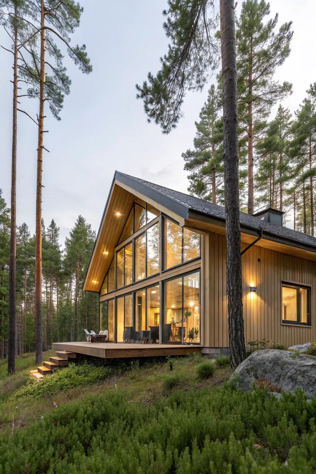 A cozy Scandinavian lodge nestled in the woods.