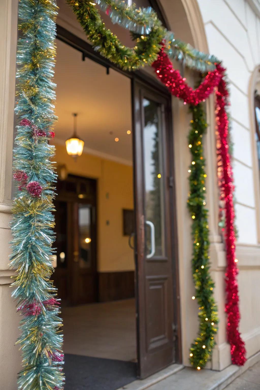 A doorway adorned with falling glittery chain beautifications.