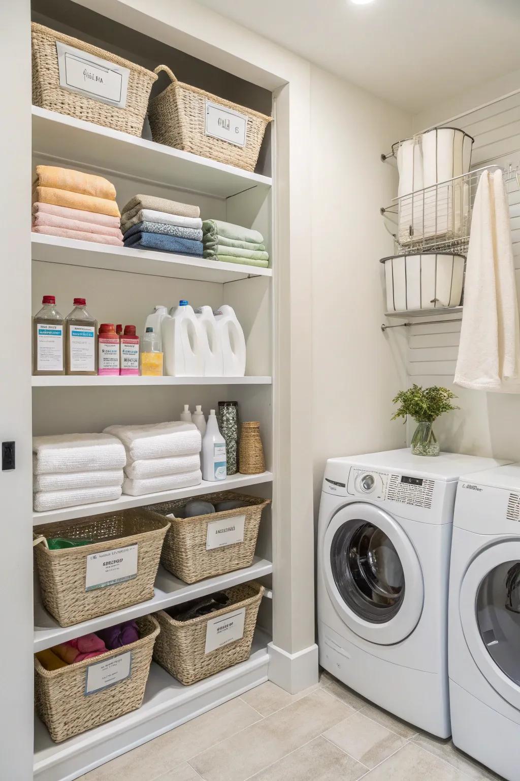 Streamline your laundry routine with organized in-wall shelves.