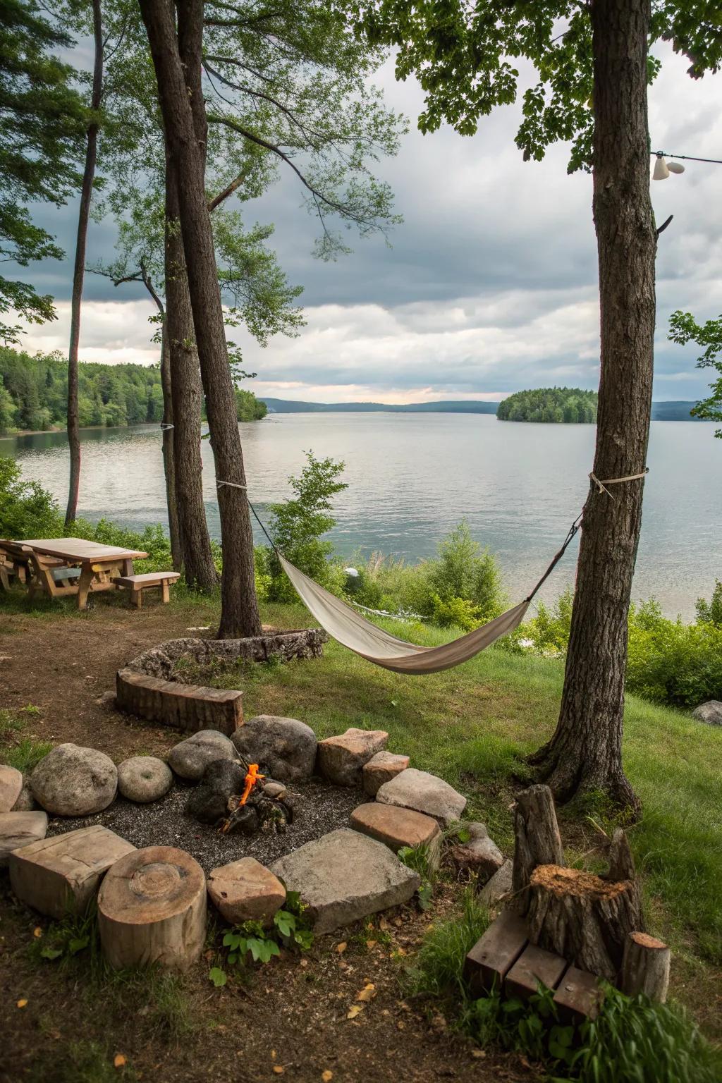 A hammock zone by the fire pit offers a peaceful escape by the lake.