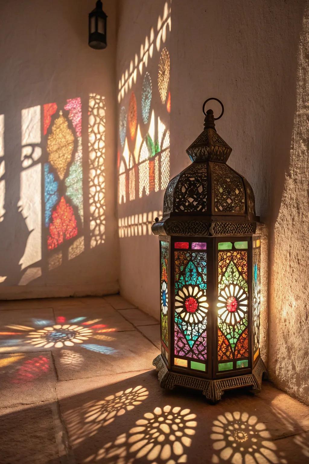 A mosaic tiled lantern casting colorful shadows.