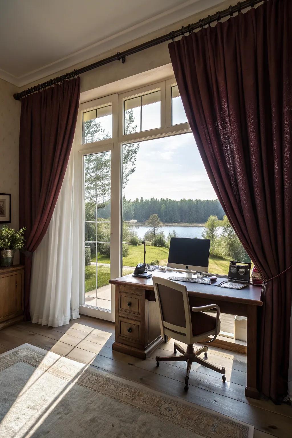 Elegant curtains adding a soft touch to a home office with a large window.