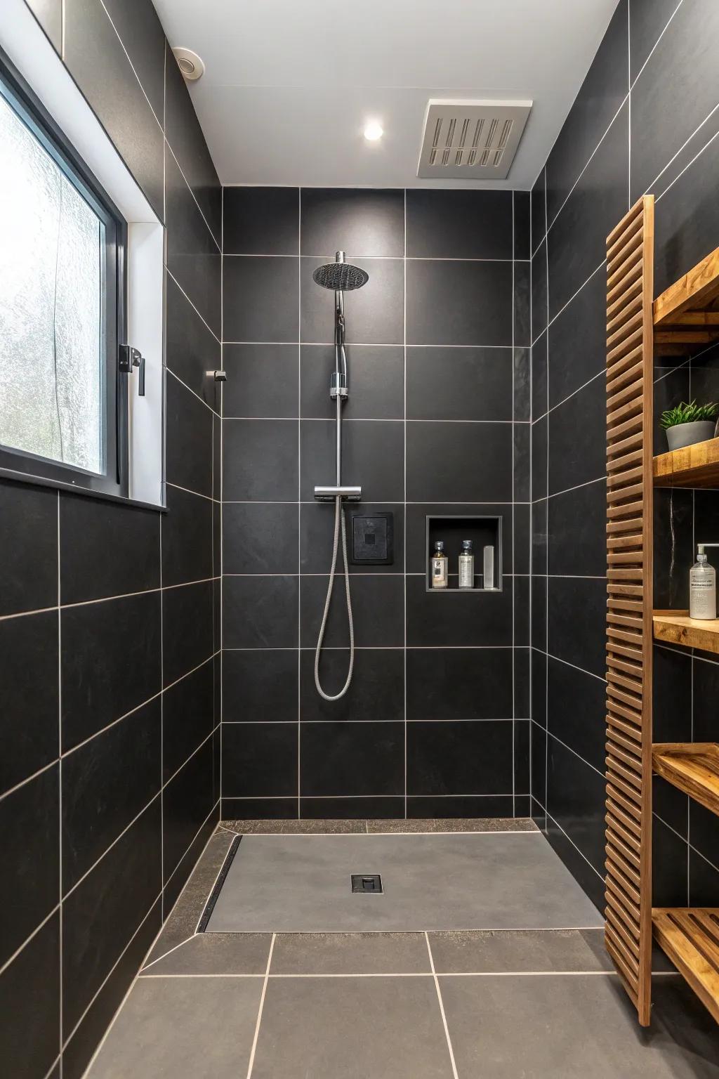 Bold black panels create a dramatic and sophisticated shower space.